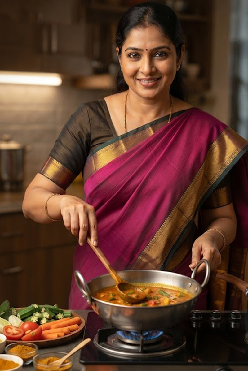 Cook preparing home-style South Indian food