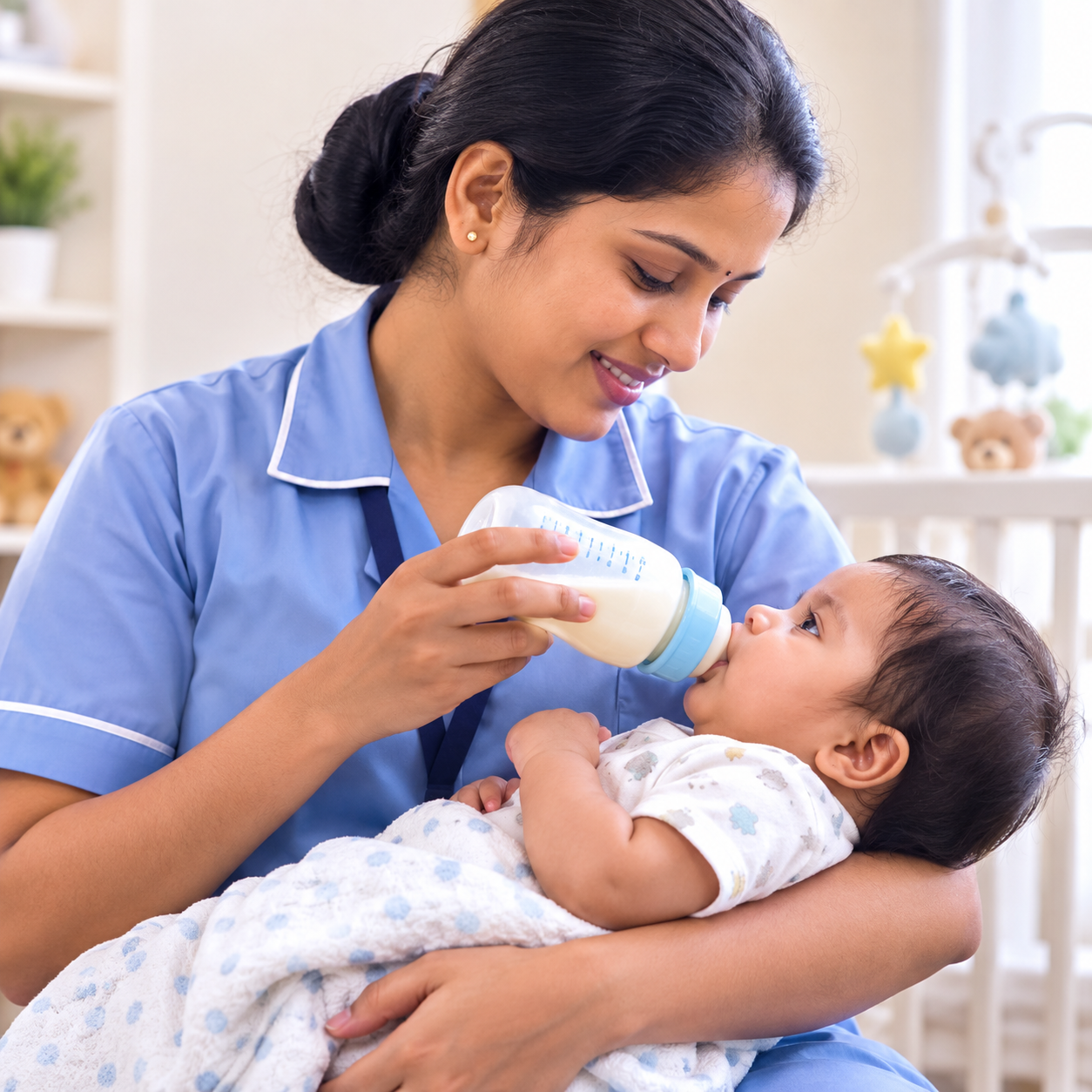 Caregiver feeding a baby with a bottle